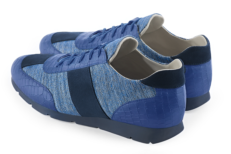 Electric blue two-tone dress sneakers for men. Round toe. Flat rubber soles. Rear view - Florence KOOIJMAN